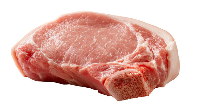 Raw bone-in pork loin chop with pink muscle tissue and white fat layer