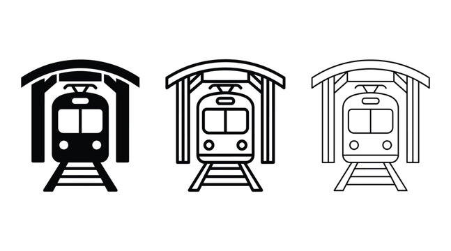 Set of train station icons, vector illustration of a subway or tram inside a terminal building, flat design symbols for transport and travel