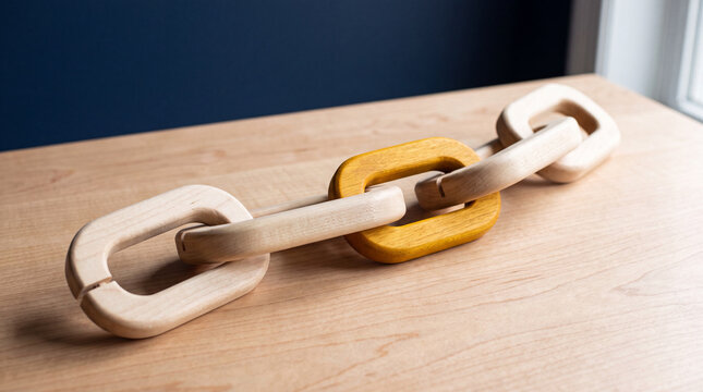 Wooden chain links with one highlighted yellow link symbolizing connection strength or strategic partnership on wooden surface