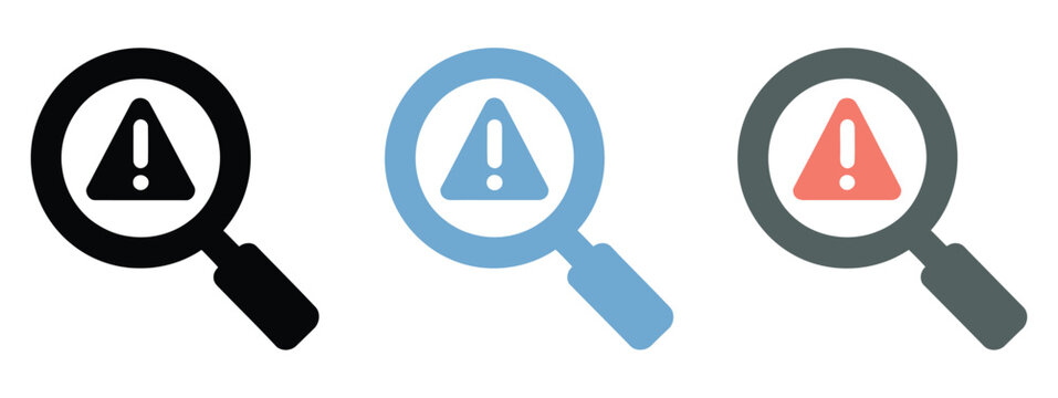Magnifying glass with warning triangle icon representing danger detection, investigation, caution, safety alert, vector, design