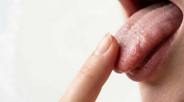 Close up of a finger touching a human tongue with saliva in a macro shot