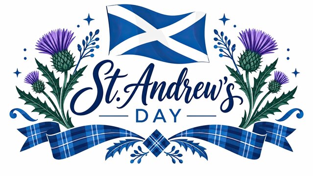 St. Andrew's Day graphic featuring a Scottish flag, purple thistles, blue tartan ribbons, and decorative lettering.