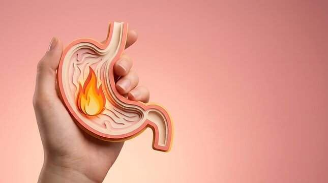 Acidity concept with hand holding a paper cut stomach with fire representing heartburn