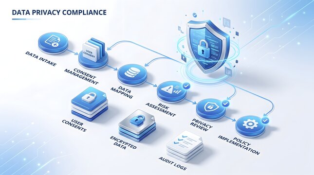 Isometric data privacy compliance process infographic