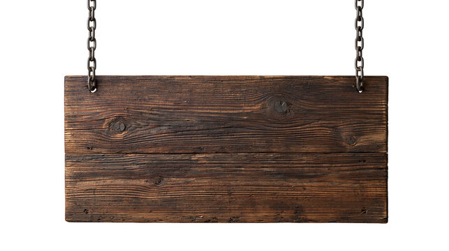 Rectangular dark brown rustic wooden sign hanging from two metal chains