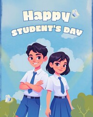 Obraz premium Happy Student's Day Celebration Featuring Two Smiling Students in School Uniform with Bright Blue Sky Background