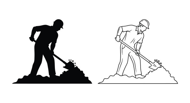 Worker digging with a shovel presented as a black silhouette and line drawing