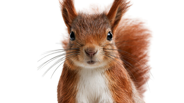 Close up portrait of a fluffy red squirrel with long whiskers and dark eyes