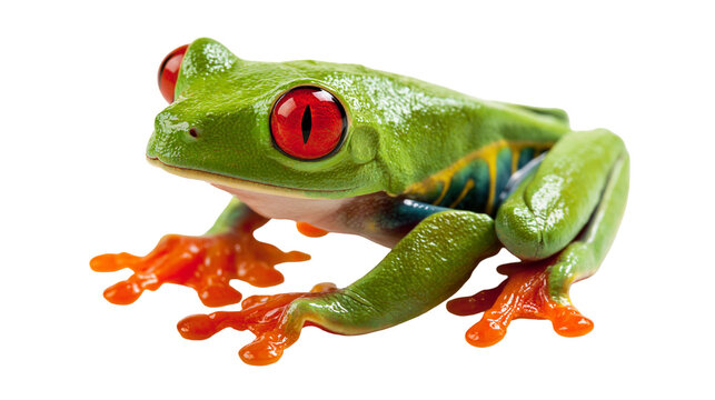 Vibrant red-eyed tree frog with bright green skin and orange webbed feet