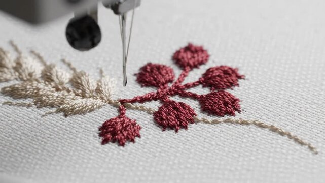 Embroidery machine sewing a floral pattern on fabric close up slow motion