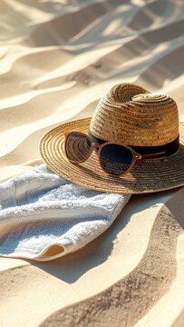 A straw hat and sunglasses rest on a towel on a sandy beach.