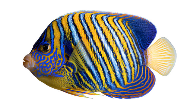 Blue and yellow striped angelfish with vibrant patterns and translucent fins
