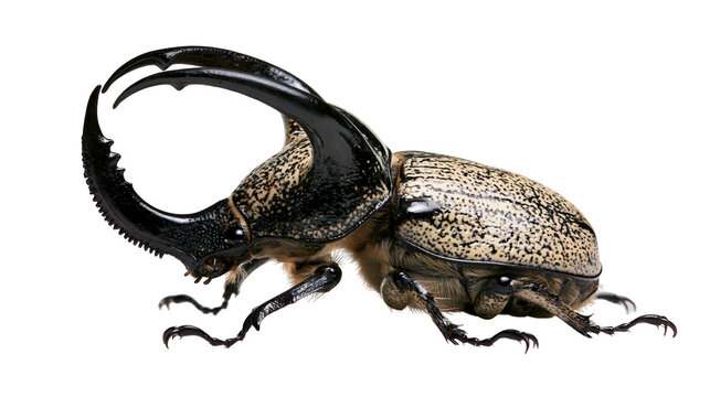 Eastern Hercules beetle with large black horn and mottled beige wing covers