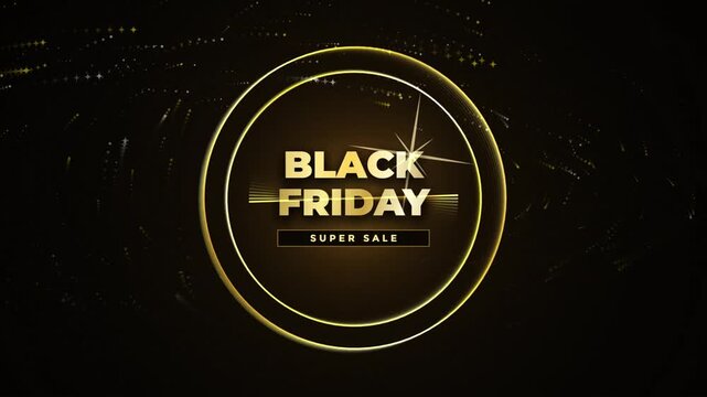 Black Friday Super Sale Motion Graphic Featuring Golden Glowing Particles And Rotating Light Rings