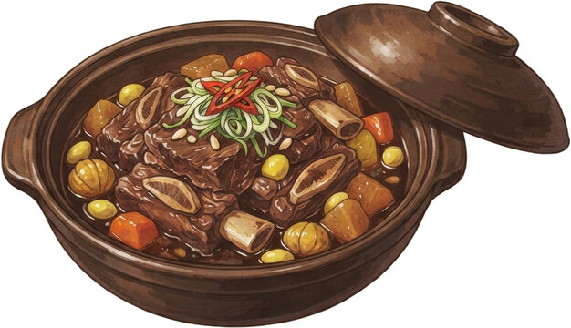 Traditional Korean galbi jjim braised short ribs in a ceramic bowl illustration