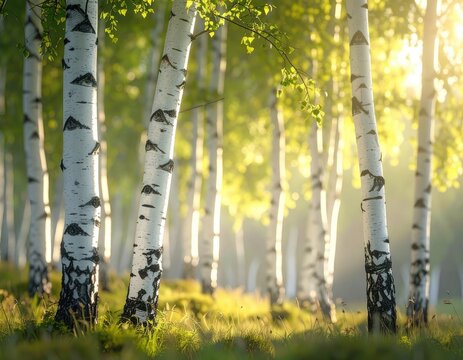 Sunlight filters through a grove of birch trees, illuminating their distinctive white bark and verdant leaves.