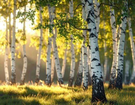 Sunlight filters through a serene birch forest in the early morning.