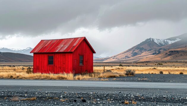 A solitary red cabin stands on a dry grassland next to a road with mountains in the background.
