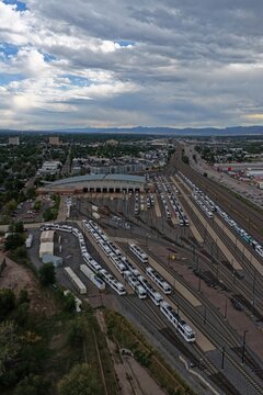 Aerial view of the light rail maintenance facility and train yard in Englewood, Colorado, United States.