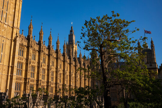 Looking up at the Palace of Westminster, Houses of Parliament, London, England, UK