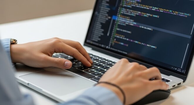 Hands typing code on laptop keyboard in office setting.