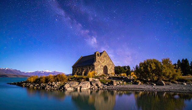 A picturesque stone church stands by a calm lake under a vast, star-filled night sky.