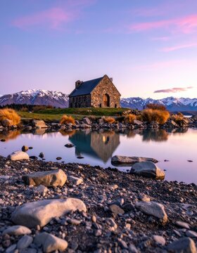 The iconic Church of the Good Shepherd at Lake Tekapo reflects in the calm waters at dawn.