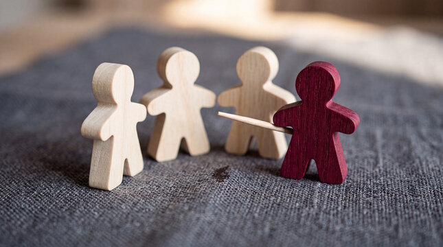 Leadership concept with red wooden figure pointing at group of three natural wood figures on textured surface