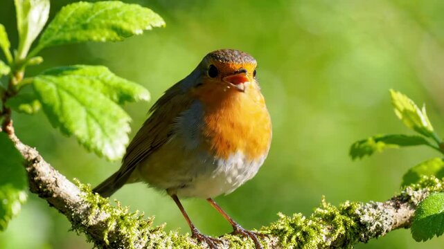 Vibrant European robin perched on a mossy branch amidst lush green foliage.