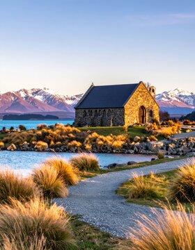 A stone church stands on the shore of a lake, with snow-capped mountains in the background.