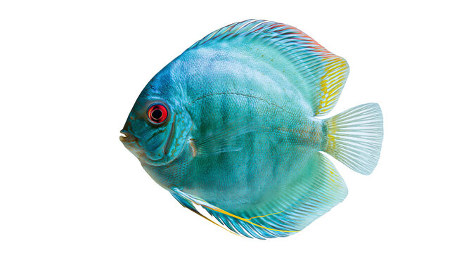 Vibrant blue discus fish with red eye and yellow fin accents