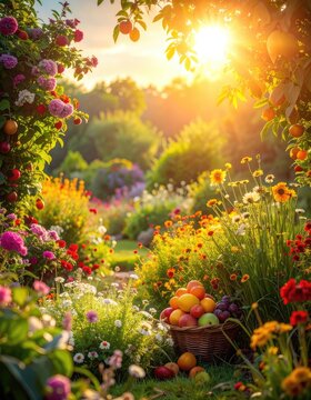 A vibrant garden bathed in golden sunlight, showcasing a bounty of fruits and flowers.