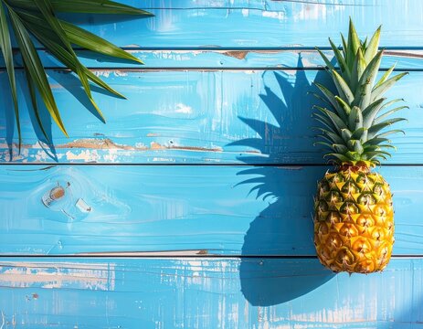A ripe pineapple rests on a vibrant blue wooden surface with palm leaves.