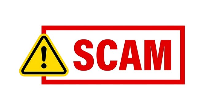 Red scam alert sign with a yellow warning triangle and exclamation mark icon