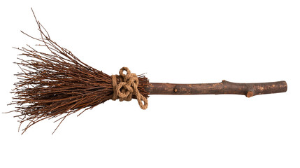 Rustic handmade witch broom made of dry birch twigs and tied with jute rope © darietta