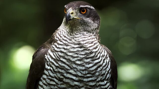 Close-up portrait of a majestic hawk with striking orange eyes in a natural setting