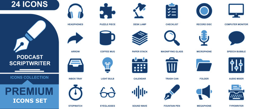 Podcast scriptwriter icons collection featuring blue symbols for audio media production