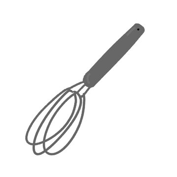 Grey kitchen wire whisk illustration for baking and cooking with hand drawn crayon texture on isolated black background