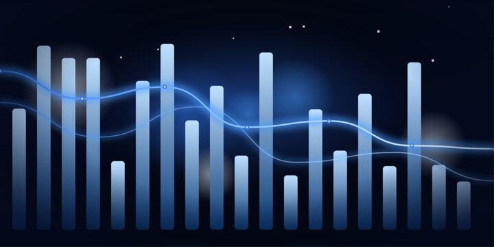 A dynamic financial chart displays fluctuating bar graphs and a sweeping blue wave, representing market trends and data analysis on a dark, digital background.
