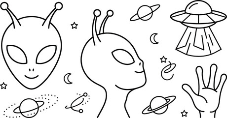 Space alien and sci fi outer space line icons set featuring extraterrestrial head profile ufo spaceship and planets © MST