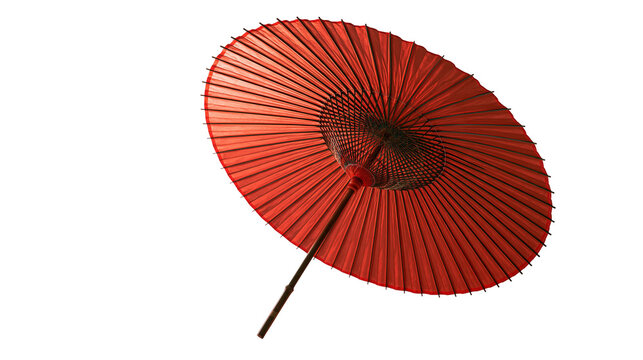 Traditional Japanese red paper umbrella with bamboo frame and wooden handle