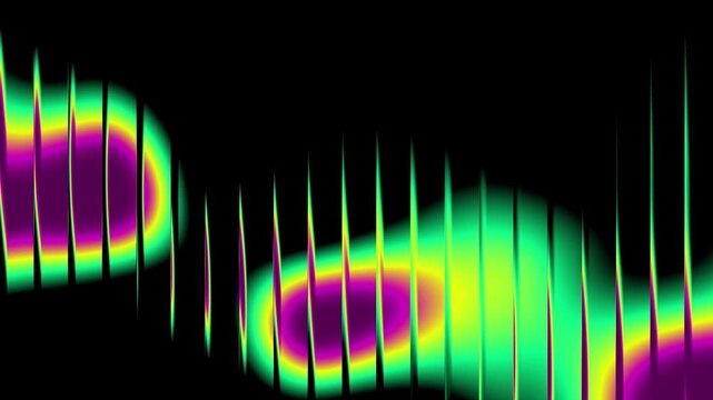 Thermal heatmap audio spectrum visualization. Vibrant neon gradient equalizer lines on black background. Modern colorful sound wave motion graph.