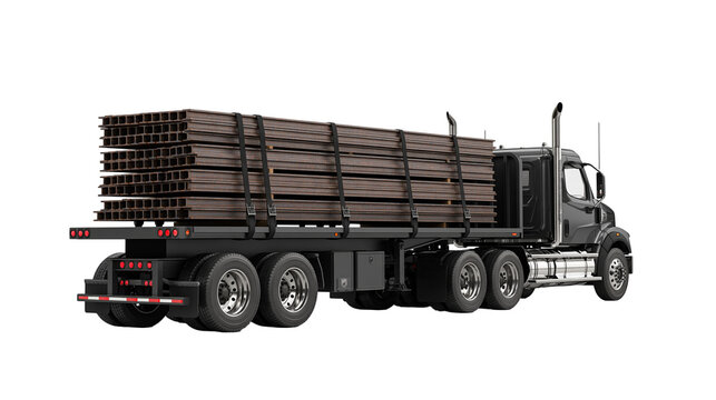 Black flatbed semi truck carrying a heavy load of stacked steel I-beams