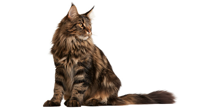 Fluffy brown tabby Maine Coon cat sitting and looking to the side