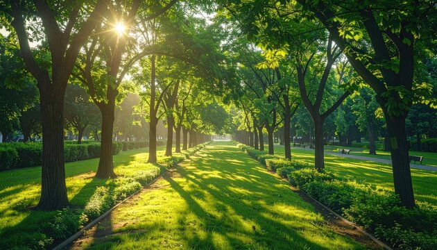 Sunlight streams through lush green trees in a park.
