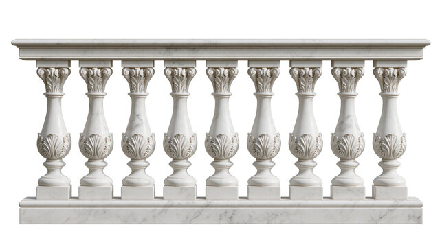 White marble balustrade with ornate carved classical columns and railing