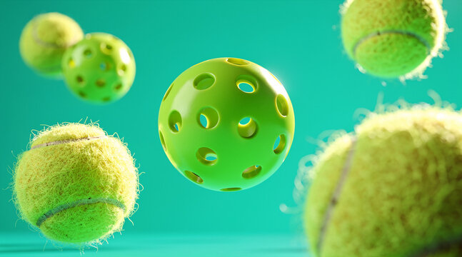 Macro close-up of a green plastic pickleball with holes surrounded by fuzzy yellow tennis balls floating in mid-air against a teal background for sports equipment comparison.