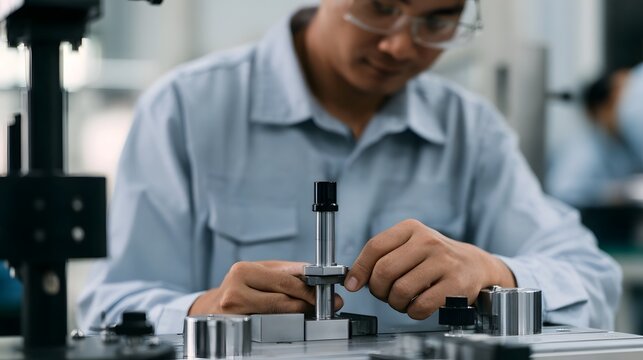 A person in a light blue work shirt and safety glasses is carefully adjusting a precision mechanical component on a workbench in an industrial
