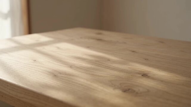 Empty light wooden table surface with natural sunlight and shadow patterns, minimalist background texture for product display or copy space.