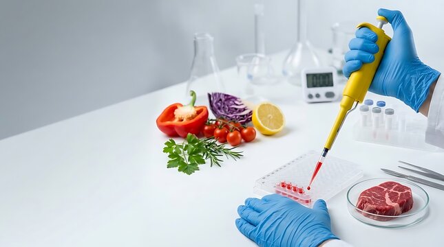 Lab grown meat research with fresh vegetables and scientific equipment in a modern lab